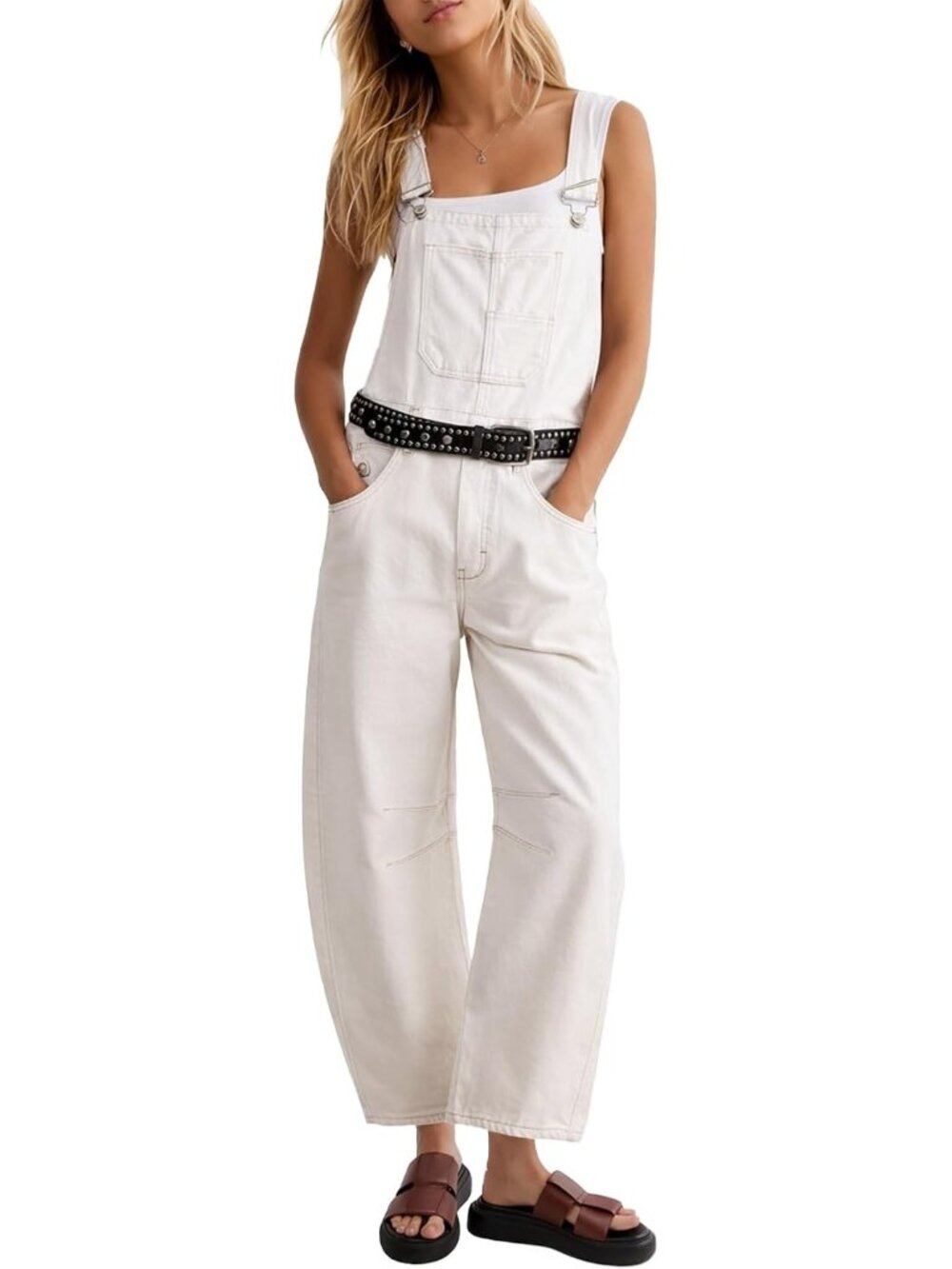 Women's White Denim Bib Overalls Barrel Leg Adjustable Strap Jean Y2k  Jumpsuits